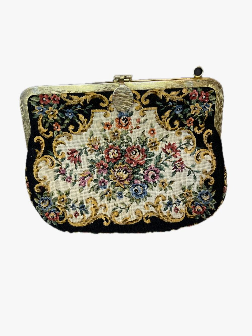 Vintage Floral Tapestry Clutch Bag Kiss Lock Gold Frame Needlepoint Style